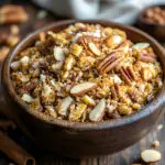 Golden, crunchy keto nut and seed clusters in a wooden bowl
