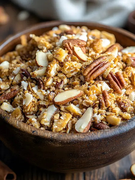 Golden, crunchy keto nut and seed clusters in a wooden bowl