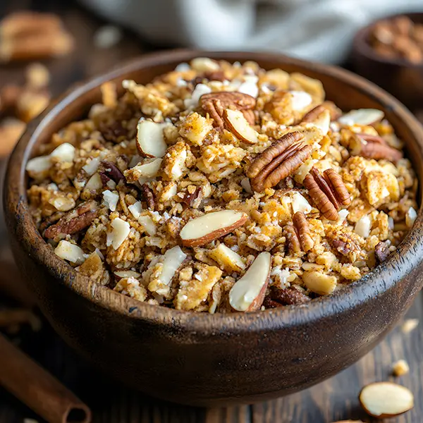 Golden, crunchy keto nut and seed clusters in a wooden bowl