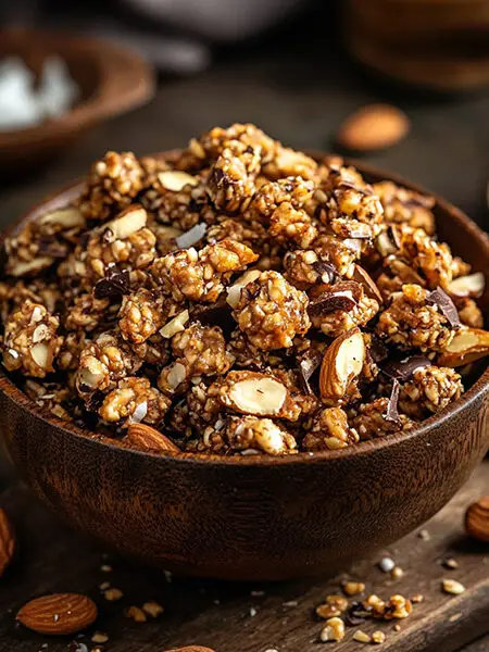 Keto crunchy protein clusters with nuts, seeds, and dark chocolate drizzle in a rustic bowl.