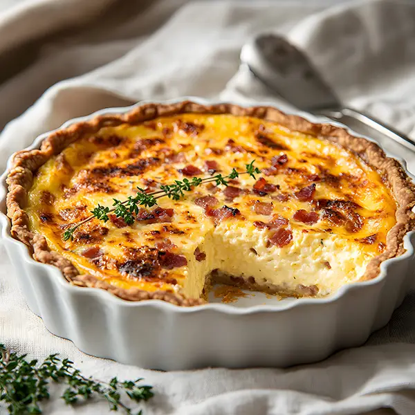 Crustless Keto Quiche Lorraine with crispy bacon and melted Gruyère cheese in a rustic ceramic dish garnished with fresh herbs