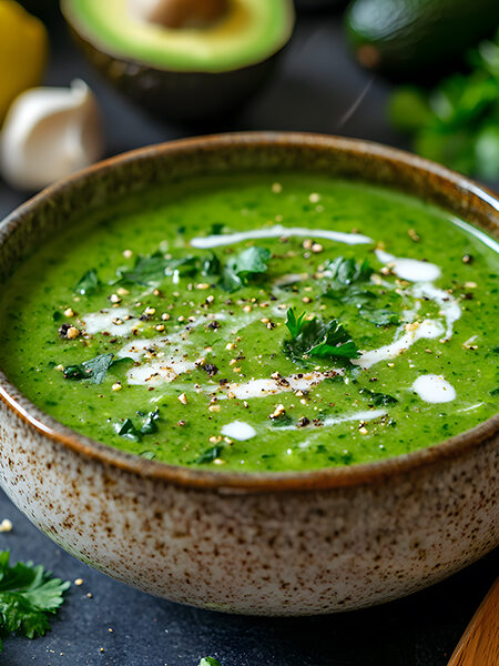 A warm bowl of keto detox soup filled with fresh vegetables and rich golden broth.