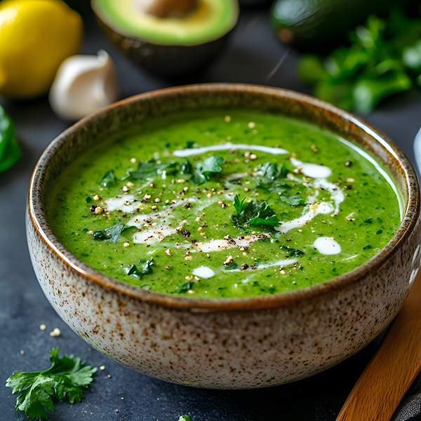 A warm bowl of keto detox soup filled with fresh vegetables and rich golden broth.