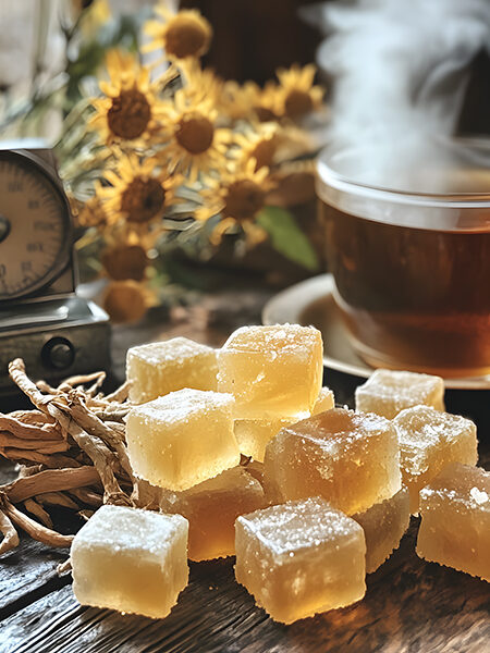 Homemade keto echinacea hard candies with lemon zest and medicinal herbs for immune support while maintaining ketosis