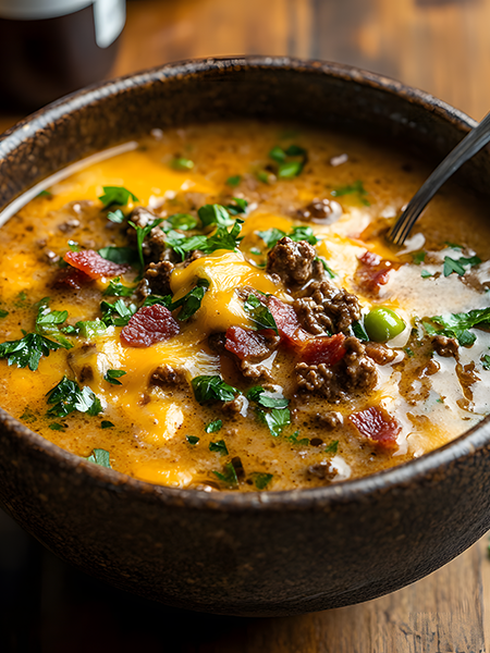Creamy keto bacon cheeseburger soup with visible cheese pulls and crispy bacon topping