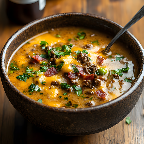 Creamy keto bacon cheeseburger soup with visible cheese pulls and crispy bacon topping