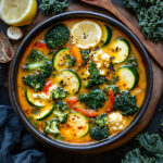A warm bowl of keto detox soup filled with fresh vegetables and rich golden broth.