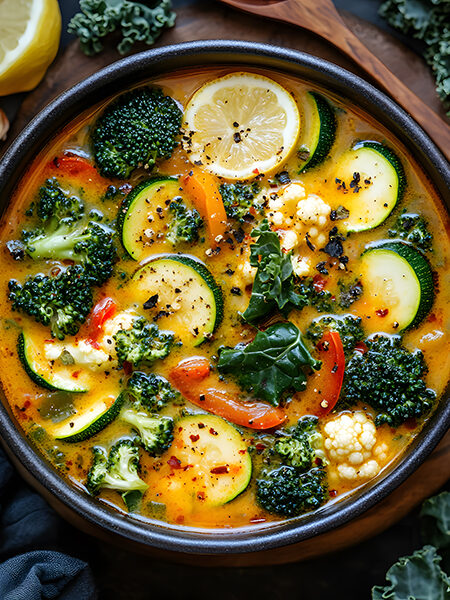 A warm bowl of keto detox soup filled with fresh vegetables and rich golden broth.