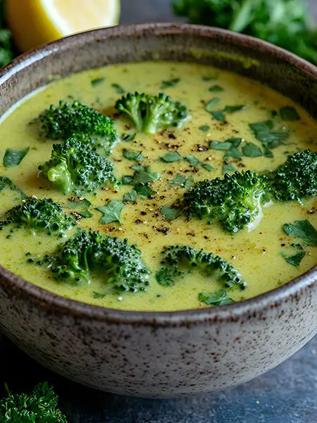 A bowl of keto-friendly green detox soup with fresh herbs and a creamy texture
