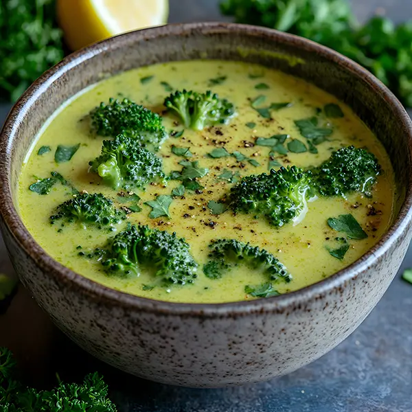 A bowl of keto-friendly green detox soup with fresh herbs and a creamy texture