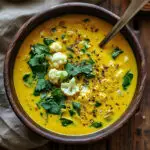 A creamy bowl of keto turmeric detox soup with fresh herbs and a drizzle of coconut milk.