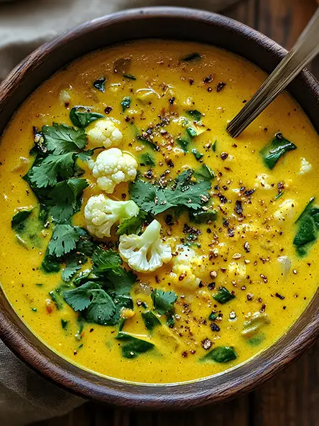 A creamy bowl of keto turmeric detox soup with fresh herbs and a drizzle of coconut milk.
