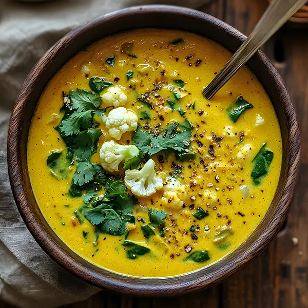 A creamy bowl of keto turmeric detox soup with fresh herbs and a drizzle of coconut milk.