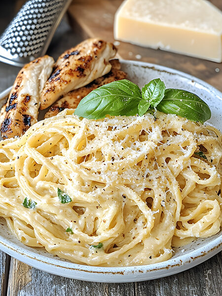 A plate of keto fettuccine al burro with a creamy butter and Parmesan sauce.