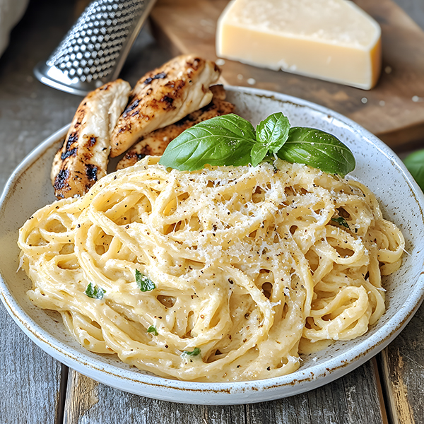 A plate of keto fettuccine al burro with a creamy butter and Parmesan sauce.