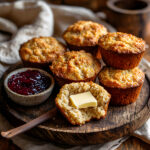 Golden keto flax muffins with butter and jam on a rustic plate.
