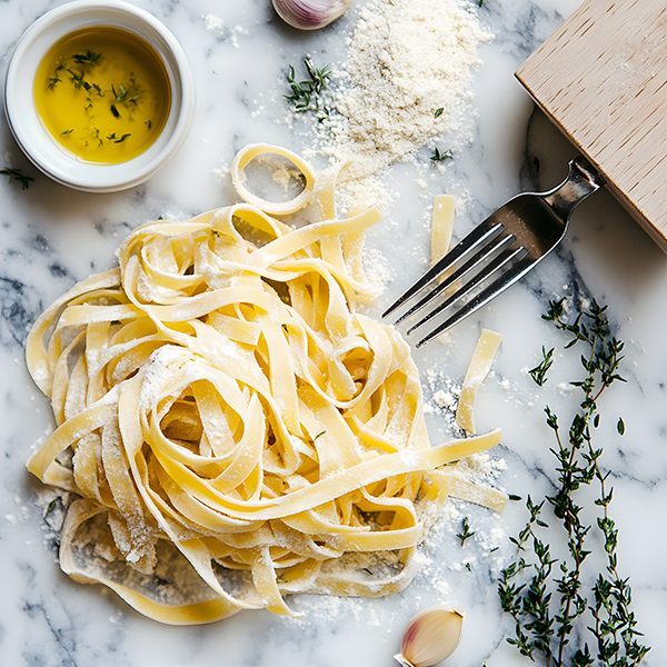 Homemade keto-friendly almond flour pasta ribbons on marble surface with herbs and olive oi
