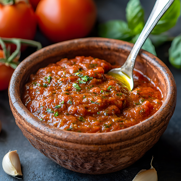 Homemade keto-friendly marinara sauce in rustic bowl with fresh herbs and ingredients