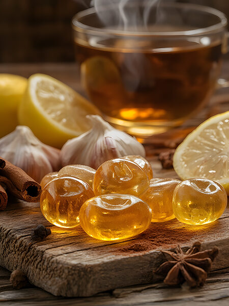 Golden keto-friendly garlic cough drops with lemon, cinnamon, and cayenne pepper on a wooden surface.