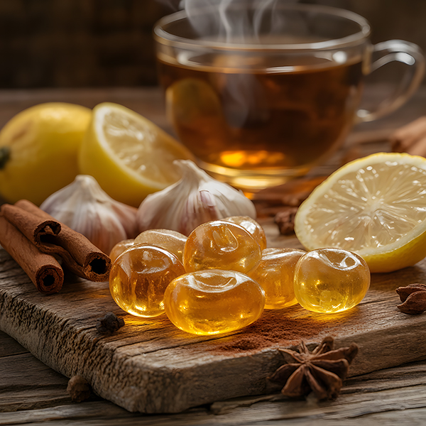 Golden keto-friendly garlic cough drops with lemon, cinnamon, and cayenne pepper on a wooden surface.