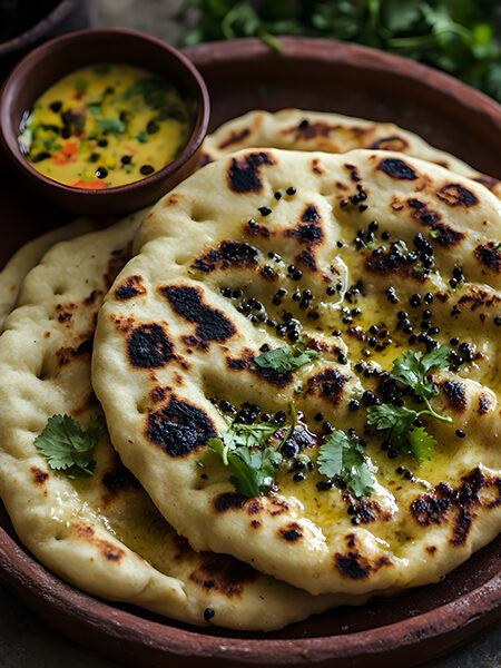 Soft, buttery keto naan bread with garlic, cilantro and nigella seeds on a rustic clay plate with curry
