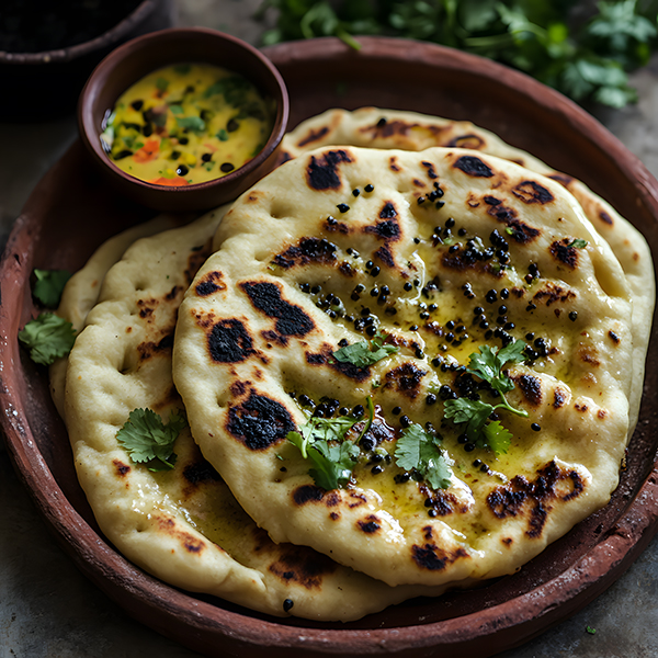 Soft, buttery keto naan bread with garlic, cilantro and nigella seeds on a rustic clay plate with curry