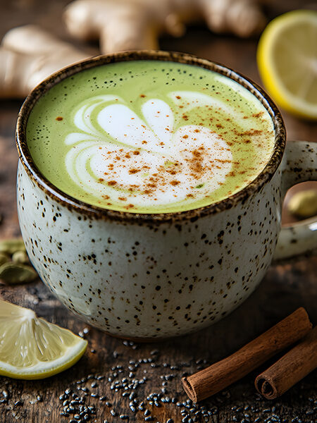 Keto Green Tea Latte with Cinnamon Garnish on Rustic Wooden Table