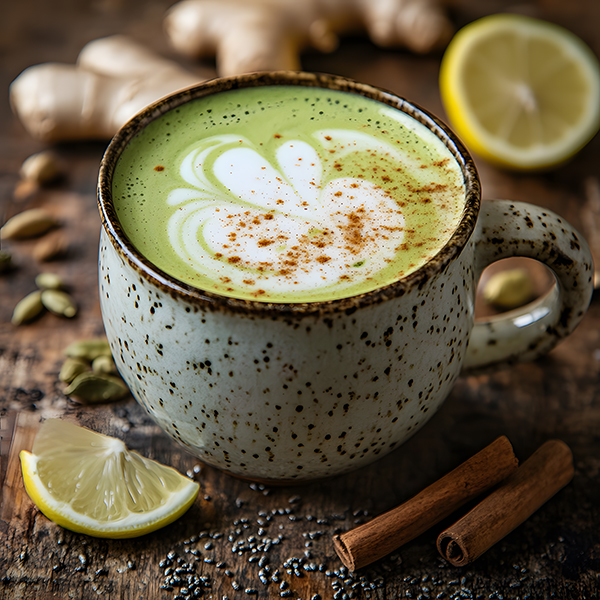 Keto Green Tea Latte with Cinnamon Garnish on Rustic Wooden Table