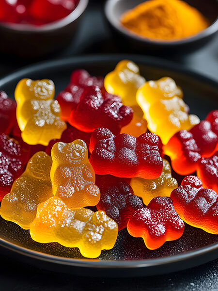 Bright, translucent keto gummy bears on a sleek black plate with soft lighting.