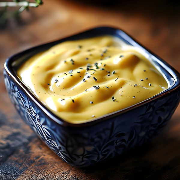 Creamy keto hollandaise sauce in dark blue bowl with floral pattern with herb garnish