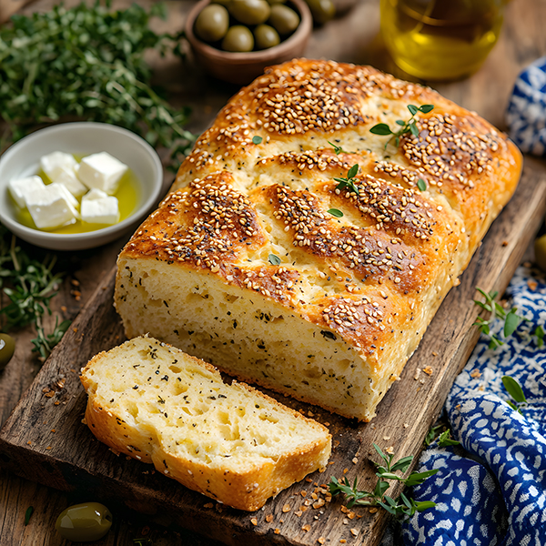 Low-carb Greek country bread (keto Horiatiko Psomi) with herbs, olives, and feta cheese on traditional blue cloth
