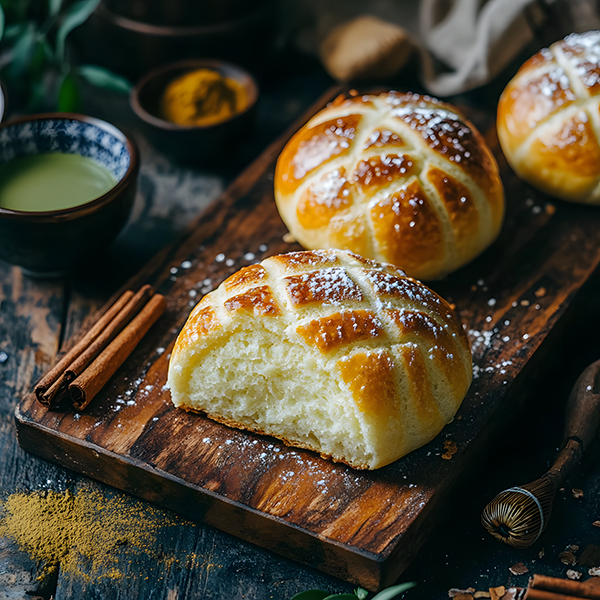 Low-carb Japanese Melonpan with crisp cookie crust and soft interior, served with matcha tea