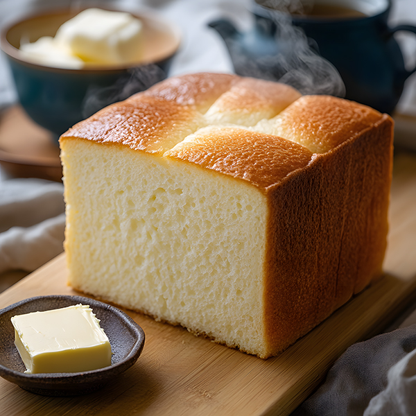 Fluffy square keto Japanese milk bread (shokupan) with perfect texture and golden crust on bamboo board