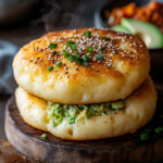 Keto Korean cloud bread with sesame seeds and green onions on a wooden serving board