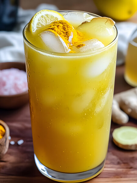 A golden keto electrolyte drink with lemon, ginger, turmeric, and Himalayan salt in a tall glass with ice.
