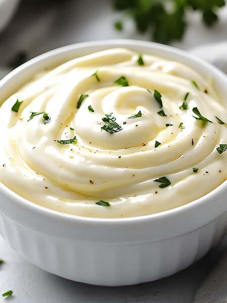 Creamy keto mayonnaise in white bowl with fresh herbs