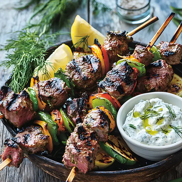 Juicy herb-marinated lamb souvlaki skewers with charred edges, grilled vegetables, and creamy tzatziki sauce on a rustic Mediterranean table