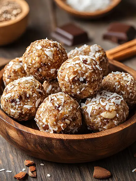 Keto no-bake energy bites with shredded coconut and almond butter on a wooden plate.
