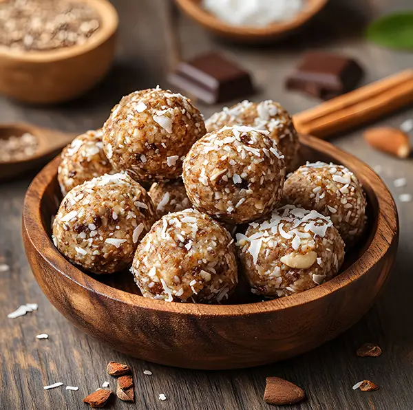 Keto no-bake energy bites with shredded coconut and almond butter on a wooden plate.