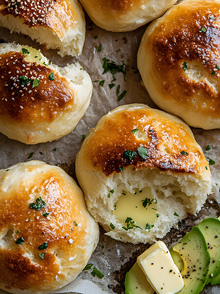 Homemade keto oopsie bread with golden tops and airy texture on parchment paper with butter and herbs