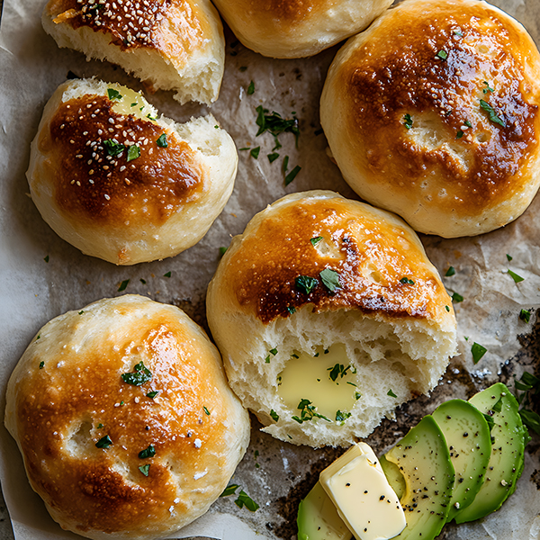 Homemade keto oopsie bread with golden tops and airy texture on parchment paper with butter and herbs
