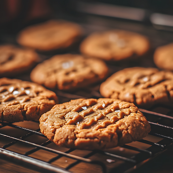 Golden keto peanut butter cookies with a crisscross fork pattern on a cooling rack.