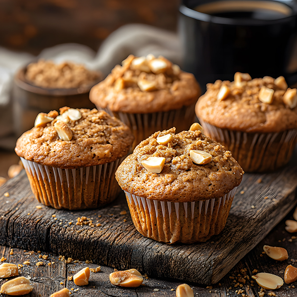 Golden keto peanut butter flax muffins on a wooden surface with a cup of coffee.