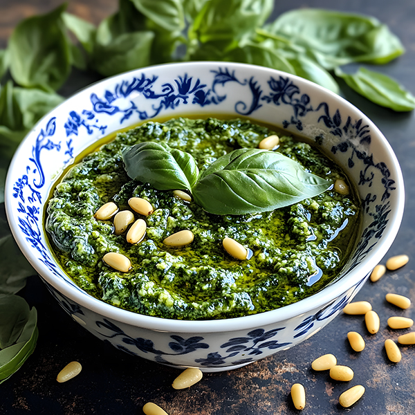 Keto pesto in white bowl with blue floral pattern, surrounded by fresh basil and pine nuts