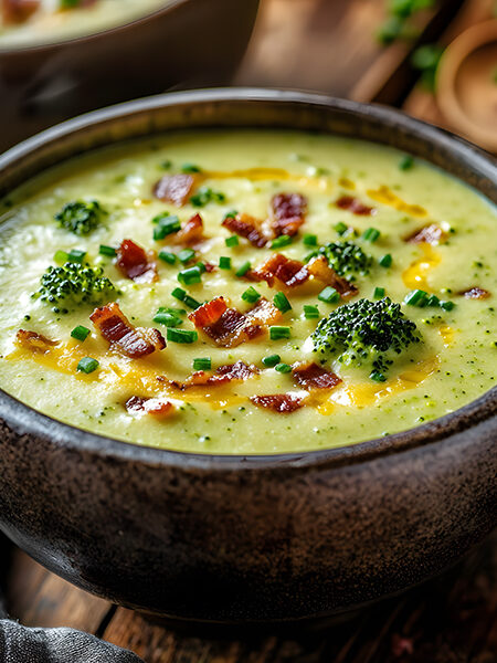 Keto broccoli cheese soup with bacon crumbles