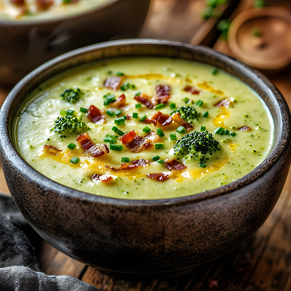 Keto broccoli cheese soup with bacon crumbles