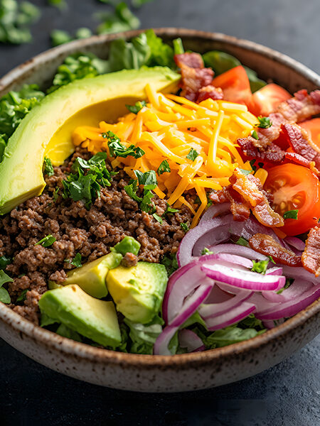 A vibrant keto cheeseburger salad in a bowl, topped with crispy bacon, juicy ground beef, shredded cheese, and fresh vegetables, drizzled with a creamy keto dressing.