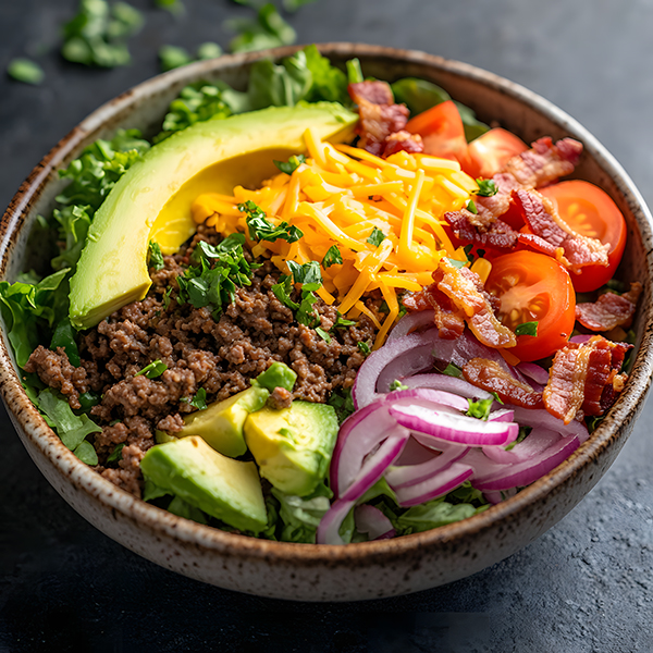 A vibrant keto cheeseburger salad in a bowl, topped with crispy bacon, juicy ground beef, shredded cheese, and fresh vegetables, drizzled with a creamy keto dressing.