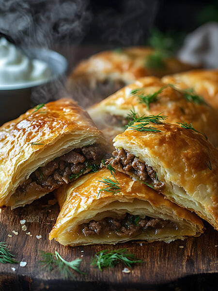 Freshly baked keto beef pirozhki on wooden board with sour cream