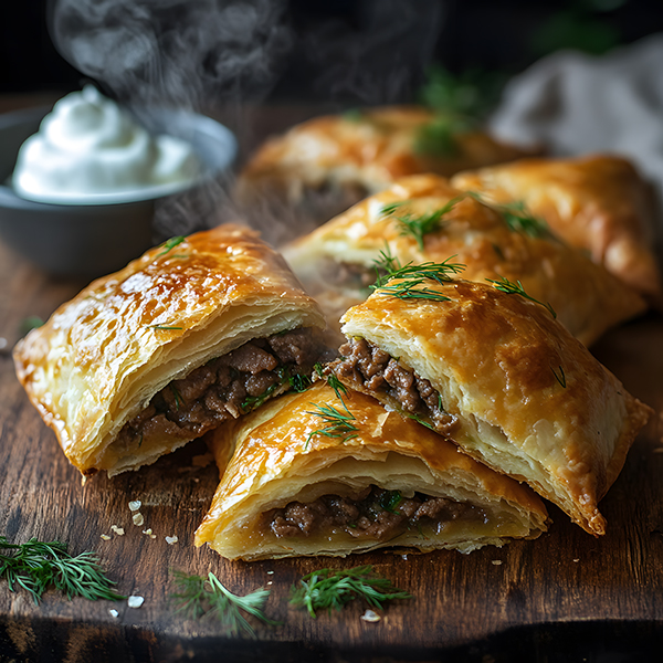 Freshly baked keto beef pirozhki on wooden board with sour cream